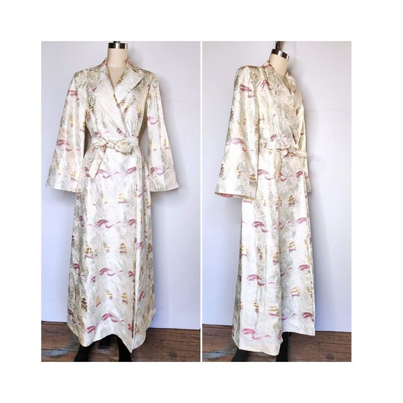 Satin Asian Robe Novelty Print Duster Kimono Floor Length Robe Night Jacket XS